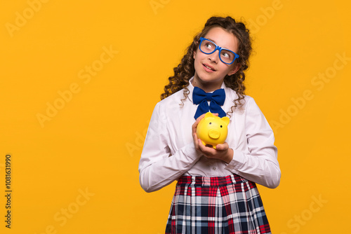 Girl in blue glasses holding yellow piggy bank thoughtfully. Financial literacy concept for children and youth photo