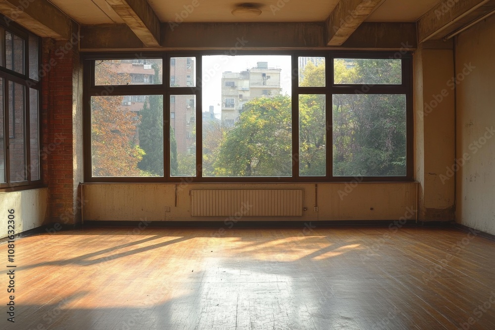 A large empty room with a window that overlooks a city A large empty room with a window that overlooks a city