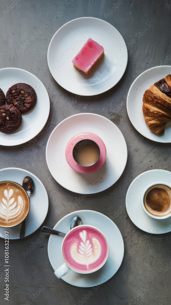 Pastries, Cakes, Cookies, and Coffee Cups Arranged on Tabletop Pastries, Cakes, Cookies, and Coffee Cups Arranged on Tabletop