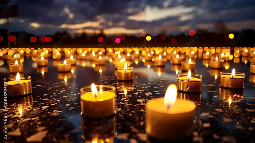 Candlelit Remembrance with Soft Lights Reflecting on a Rainy Surface. Candlelit Remembrance with Soft Lights Reflecting on a Rainy Surface.