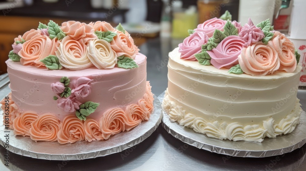 Two cakes with floral frosting, one pink with peach roses and one white with pink roses. Two cakes with floral frosting, one pink with peach roses and one white with pink roses.