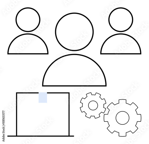 Three abstract human figures above a laptop and two gears. Ideal for teamwork, collaboration, communication, technology, business, productivity, project management. Line metaphor