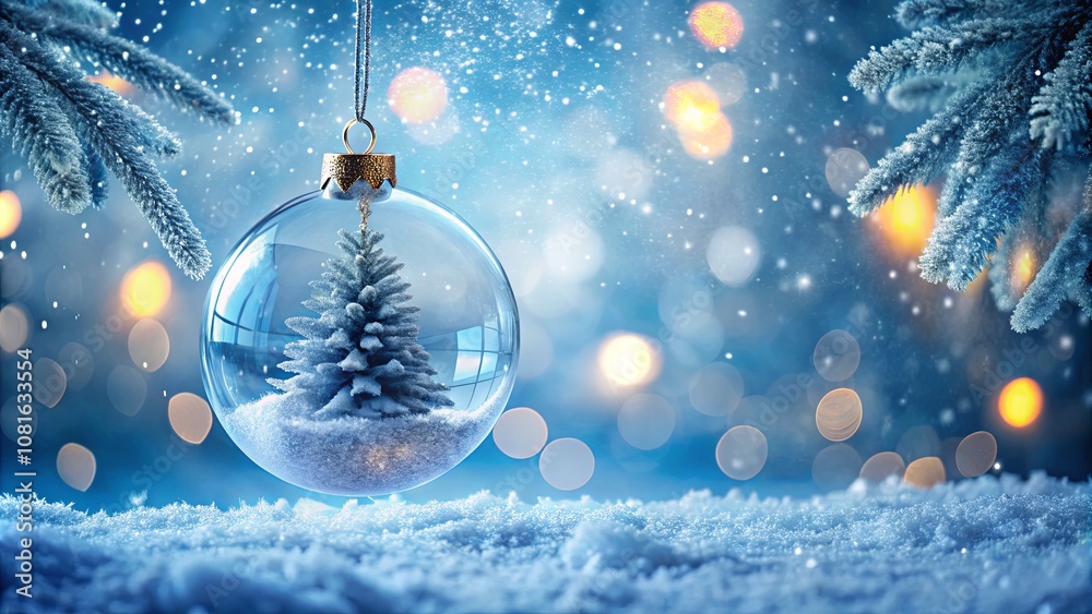 Beautiful Snowy Christmas Ornament Hanging on a Tree with Soft Blue Background and Bokeh Lights Creating a Magical Winter Holiday Atmosphere Beautiful Snowy Christmas Ornament Hanging on a Tree with Soft Blue Background and Bokeh Lights Creating a Magical Winter Holiday Atmosphere
