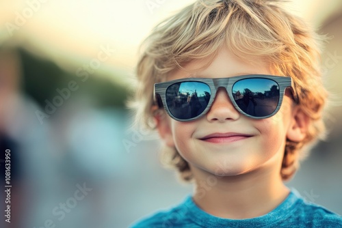 smiling child boy in sunglasses. handsome funny kid close-up portrait - generative ai