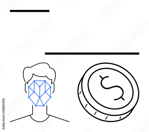 Head with geometric facial recognition lines next to large coin with dollar sign. Ideal for finance, security, technology, AI, biometrics, digital identity, and cybersecurity themes. Line metaphor