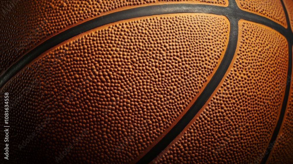 Fototapeta premium A basketball's textured surface, outdoor setting with dusk lighting, Dramatic style