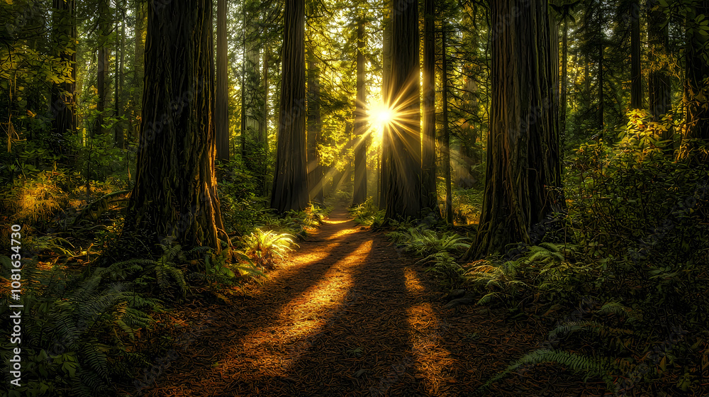 Fototapeta premium Golden Rays Through the Forest Illustration