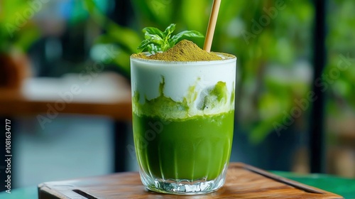 Refreshing green drink with mint garnish served in a glass. photo