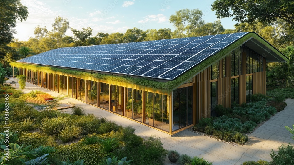 Obraz premium Modern building with a large roof covered in solar panels surrounded by bright green landscaping outdoors.