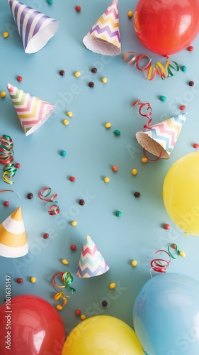Colorful Party Items Including Balloons, Confetti, and Hats