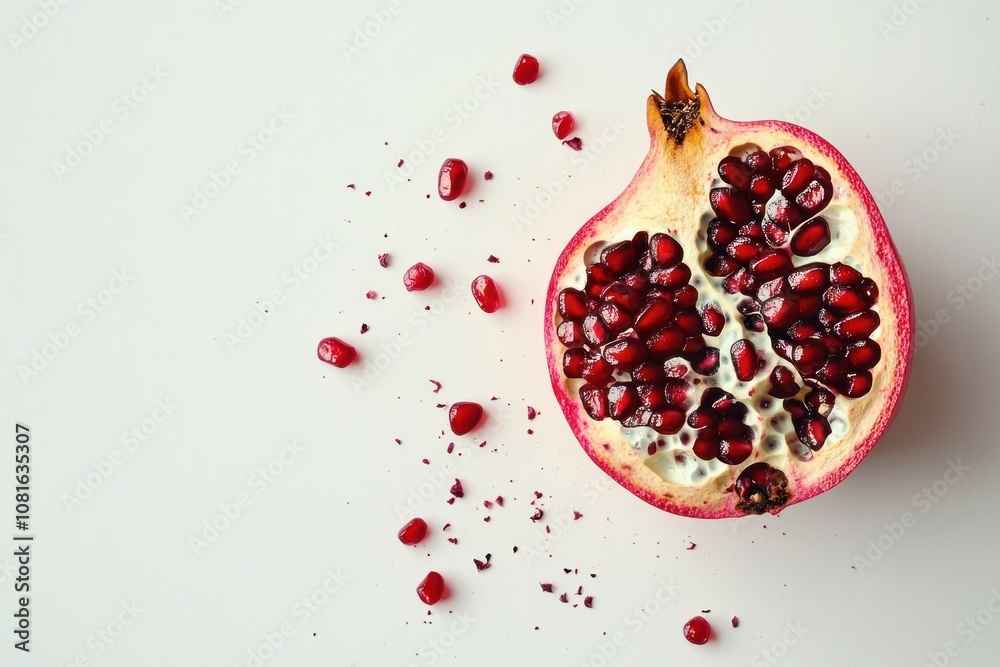 Half of a pomegranate with seeds scattered on a white background. Half of a pomegranate with seeds scattered on a white background.