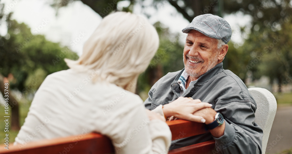 Fototapeta premium Mature couple, talking and smile in park for bonding, conversation and commitment together outdoors. Retirement, marriage and elderly man and women in nature on bench for love, care and connection