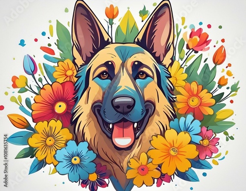German Shepherd head against colorful flower background