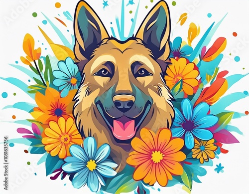 German Shepherd head against colorful flower background