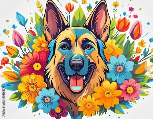 German Shepherd head against colorful flower background