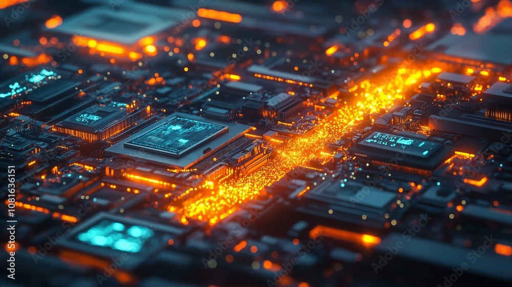 Obraz premium A high-tech recycling hub where discarded electronics are dismantled, with glowing streams of metals, plastics, and rare minerals being separated and reused in new products