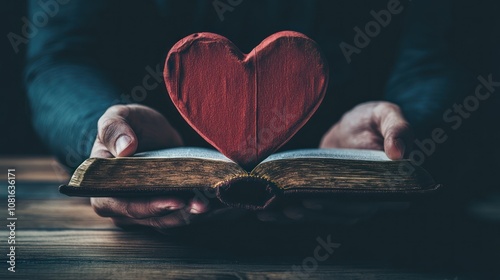 Open bible with a red wooden heart held by two hands, on a wooden table.