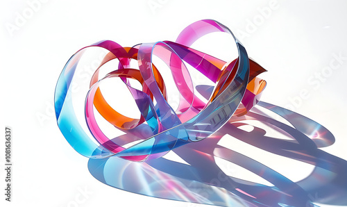 Colorful, flowing curves in a 3D design, twisting and coiling around each other, with vivid shadows playing on a stark white canvas photo