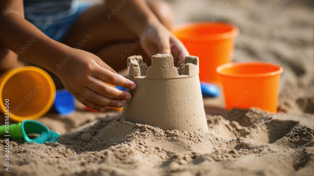 A child builds a sandcastle on the beach, surrounded by colorful buckets and toys, enjoying a sunny day by the shore. A child builds a sandcastle on the beach, surrounded by colorful buckets and toys, enjoying a sunny day by the shore.