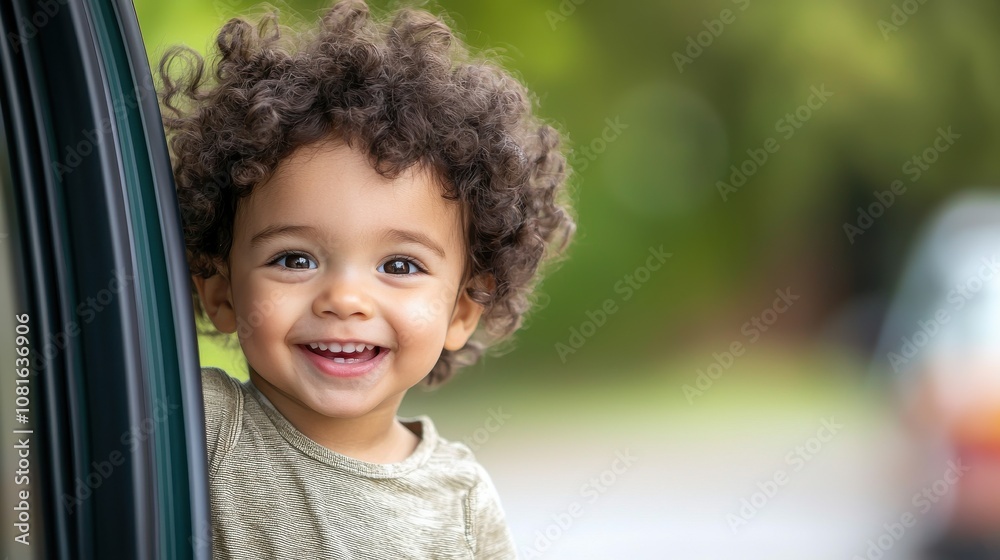 A cheerful child with curly hair smiles brightly from a car window, surrounded by a green outdoor backdrop. A cheerful child with curly hair smiles brightly from a car window, surrounded by a green outdoor backdrop.