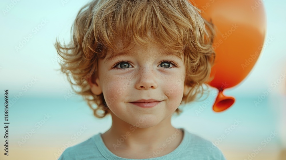A cheerful young boy with curly hair smiles, holding an orange balloon against a bright outdoor background. A cheerful young boy with curly hair smiles, holding an orange balloon against a bright outdoor background.