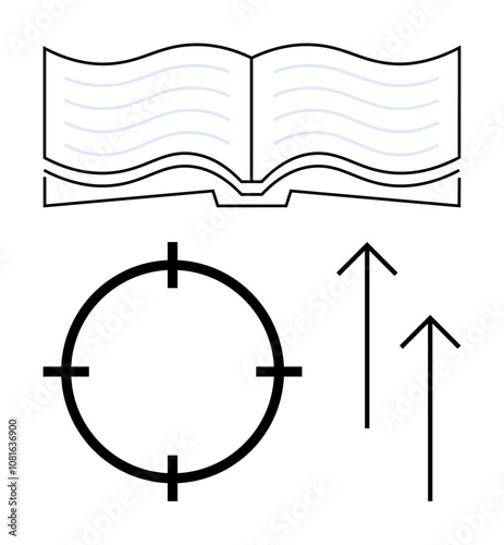 Open book, target, and upward arrows representing education, aiming at goals, and moving forward. Ideal for academic achievements, goal setting, self-improvement, productivity strategic planning