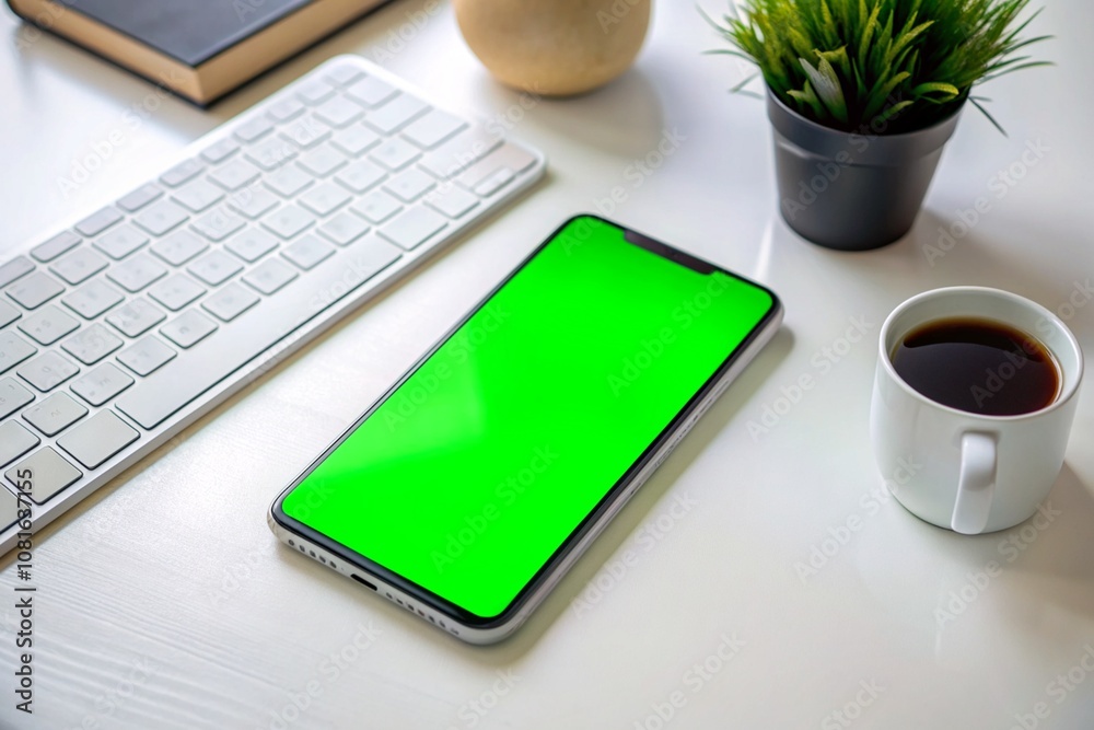 A green phone sits on a table next to a laptop and two other phones A green phone sits on a table next to a laptop and two other phones