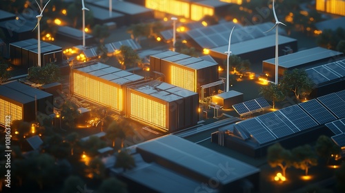 A large-scale renewable energy farm with solar panels and wind turbines connected to massive grid storage batteries.  photo