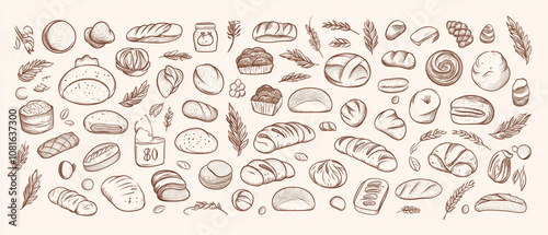 Hand-drawn illustration of assorted breads and pastries