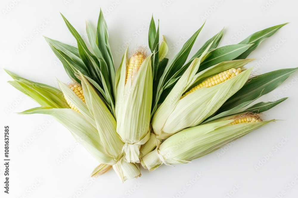 Obraz premium A close-up shot of fresh corn on the cob with husks, arranged on a white background.