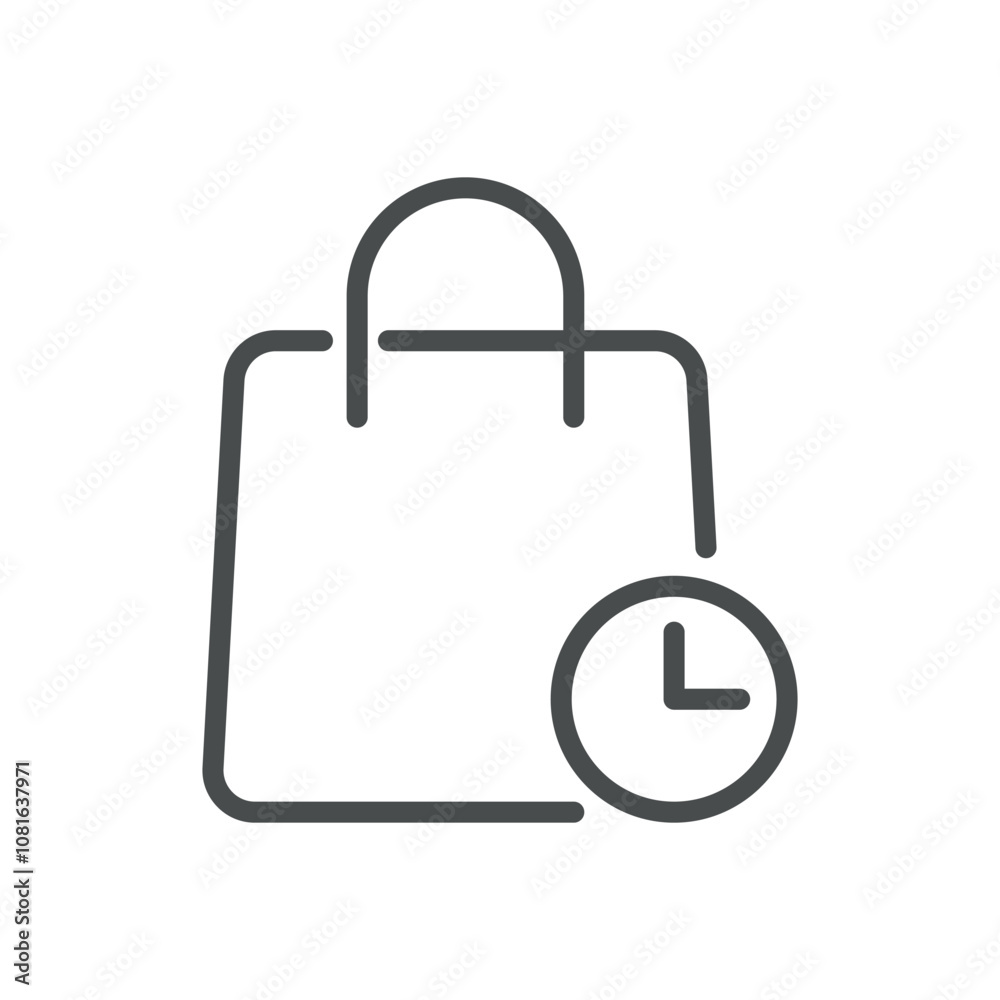 Shopping Bag Icon with Clock Symbol, Time or Delivery Schedule Indicator, Minimal Line Design for Retail and E-commerce Vector Illustration Shopping Bag Icon with Clock Symbol, Time or Delivery Schedule Indicator, Minimal Line Design for Retail and E-commerce Vector Illustration