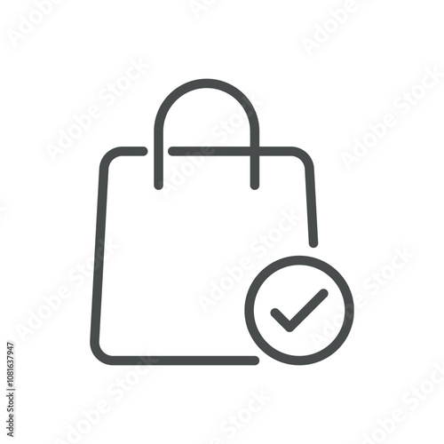 Shopping Bag Icon with Check Mark, Confirmed Purchase Symbol, Minimal Line Art for Retail and Ecommerce, Vector Illustration