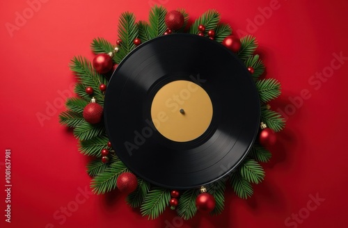 Black vinyl record surrounded by pine branches on a red background. Flat lay composition with copy space. Christmas holiday and music concept. Design for greeting card, poster, invitation, banner photo