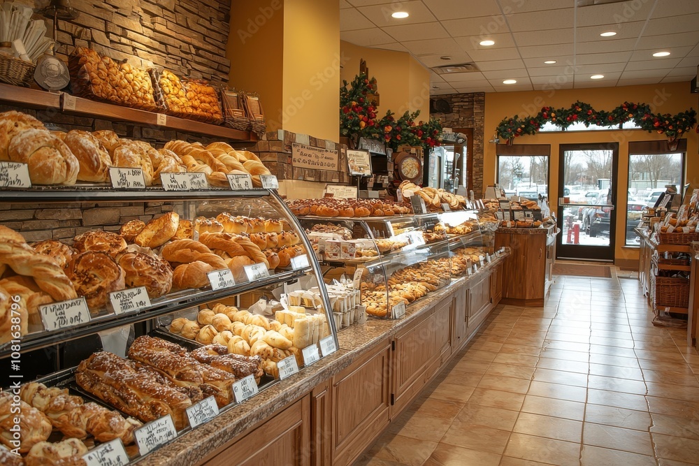 A bakery with a large display of pastries and bread A bakery with a large display of pastries and bread