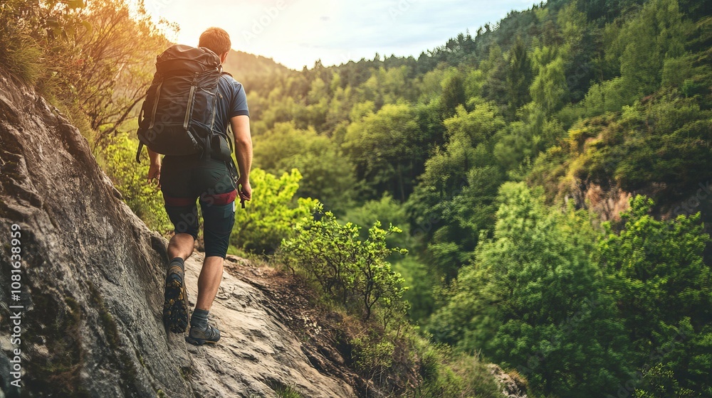 Adventurous man conquering a steep mountain cliff a journey of risk and motivation in nature Adventurous man conquering a steep mountain cliff a journey of risk and motivation in nature