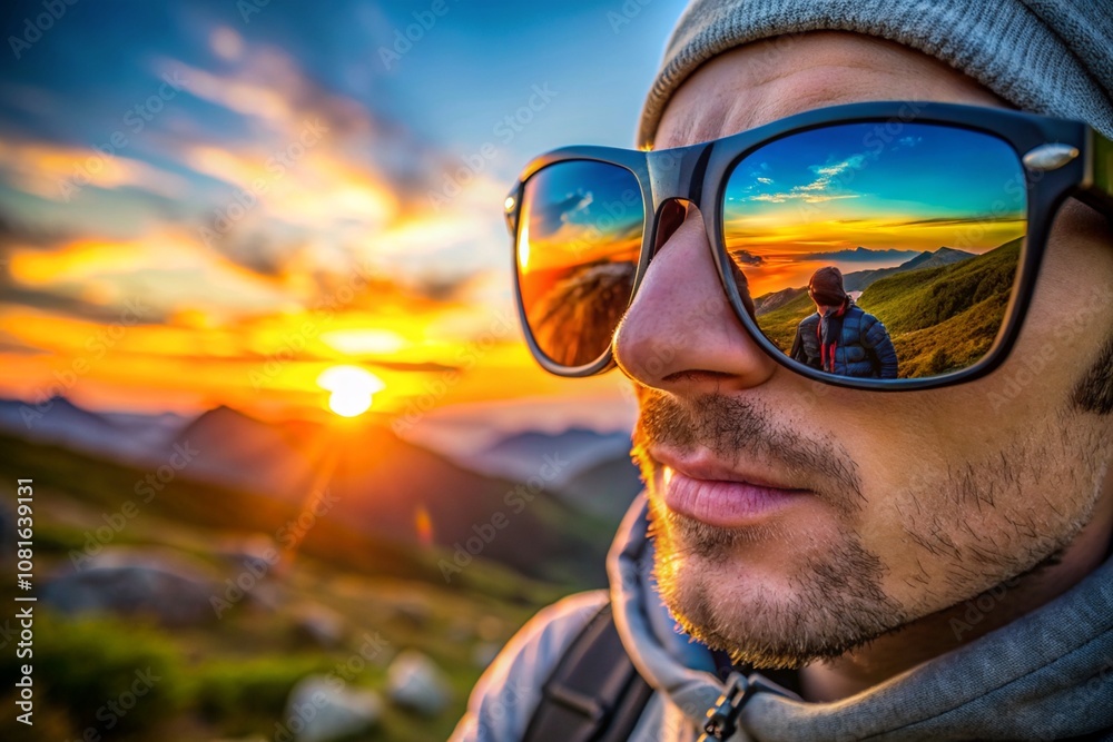 A man is standing on a rocky hillside with a pair of sunglasses on his face