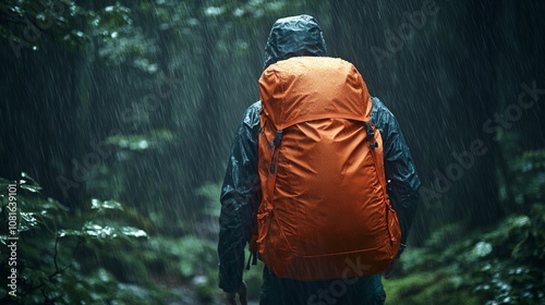 Resilient adventurer in an orange backpack and rain jacket braving the rain in a forested area