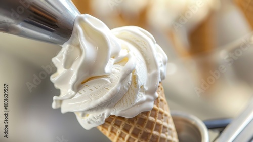 Creamy vanilla ice cream being dispensed into a cone from an ice cream machine, soft focus on the main subject, clean and simple composition with ample copy space.	