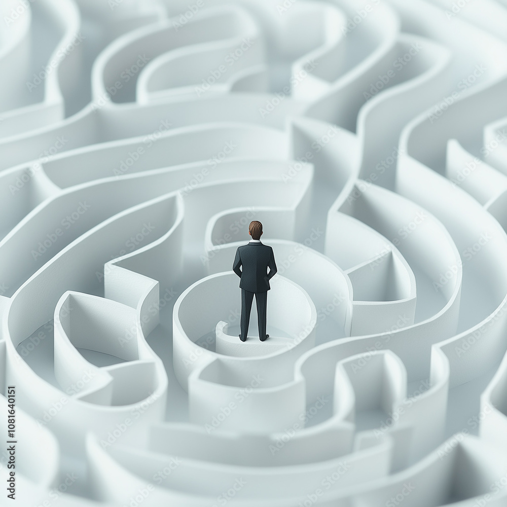 businessman stands facing a complex maze pattern, symbolizing challenges and decision-making in professional life. 