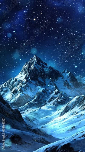 Starry Night Over Snow-Covered Mountain Range. Background. Seamless looping motion design. Video animation. A majestic mountain range under a starlit sky. The snow-covered peaks create a serene and