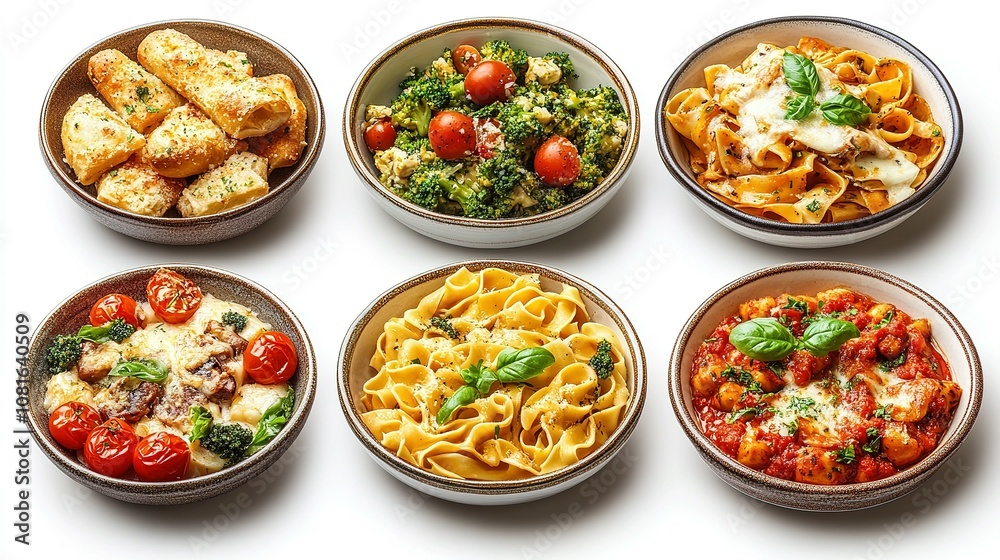 Six Different Pasta Dishes in Bowls, Isolated on White Six Different Pasta Dishes in Bowls, Isolated on White