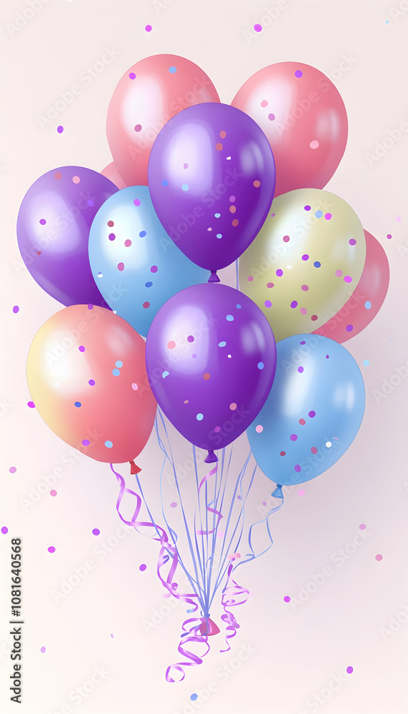 A bunch of colorful balloons with confetti floating in the air. A bunch of colorful balloons with confetti floating in the air.