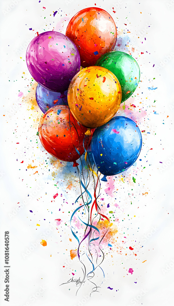 A bunch of colorful balloons with confetti flying around them. A bunch of colorful balloons with confetti flying around them.