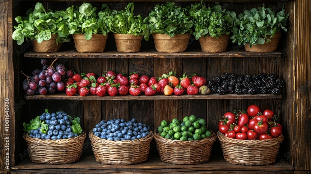 custom made wallpaper toronto digitalFresh and Colorful Displays of Organic Fruits and Vegetables in Natural Wooden Baskets on Rustic Shelves in a Market Setting