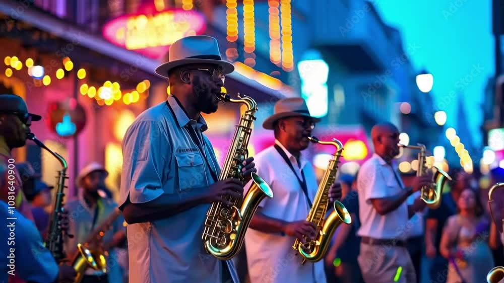 Jazz musicians performance in New Orleans. Vibrant Mardi Gras street parade. Historic French Quarter buildings. Jazz Appreciation Month. Black people heritage