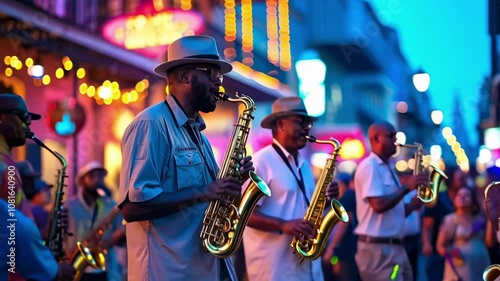 Jazz musicians performance in New Orleans. Vibrant Mardi Gras street parade. Historic French Quarter buildings. Jazz Appreciation Month. Black people heritage