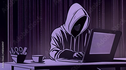 Black and white illustration of an anonymous figure in a hoodie working on a laptop, surrounded by digital code, symbolizing hacking, cybercrime, and data security.