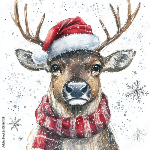 festive reindeer wearing Santa hat and red scarf, surrounded by snowflakes. Perfect for holiday themes and winter celebrations