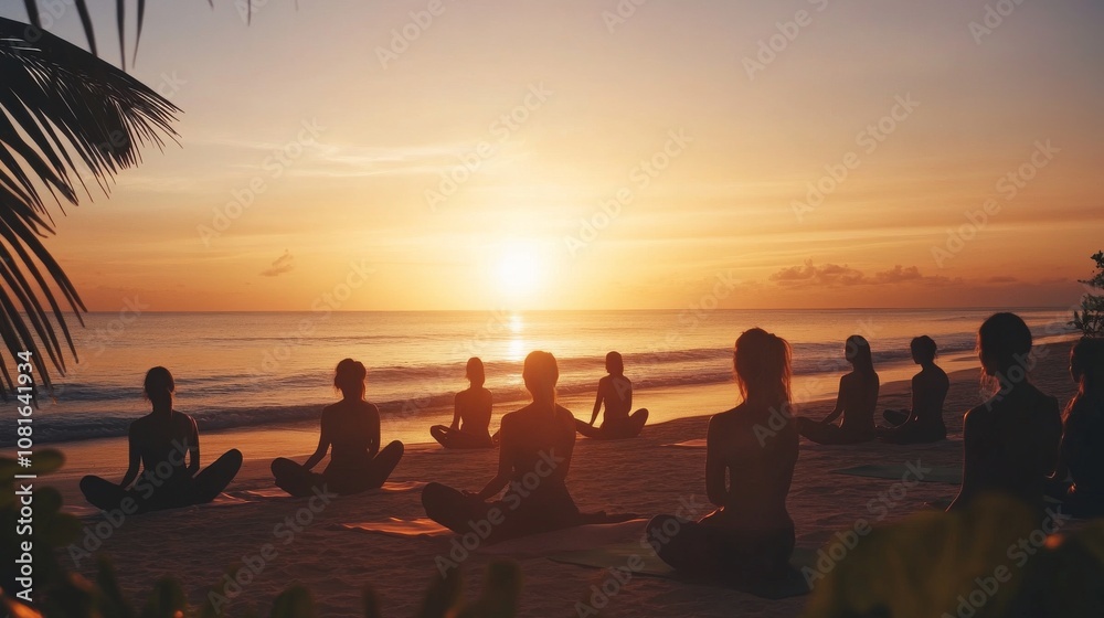 A beachside yoga session with participants in poses, outdoor setting with sunset backdrop, Serene style A beachside yoga session with participants in poses, outdoor setting with sunset backdrop, Serene style