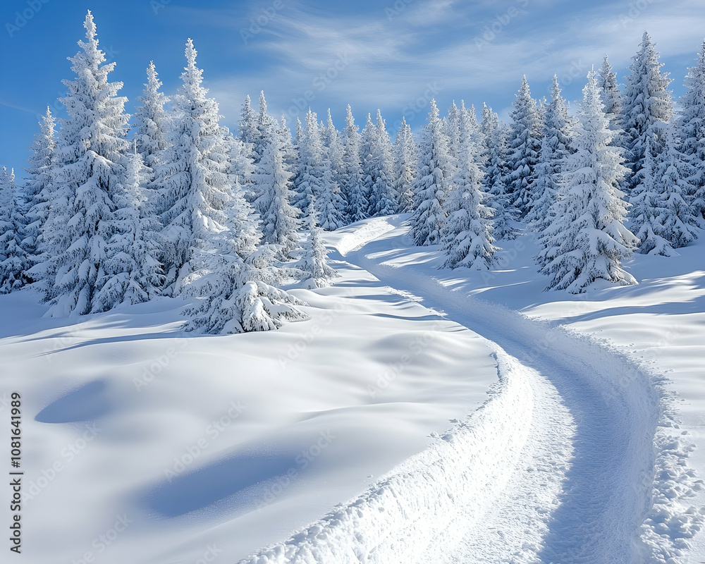 A winding snowy path through a snow-covered forest with tall evergreen trees, under a bright blue sky. A winding snowy path through a snow-covered forest with tall evergreen trees, under a bright blue sky.